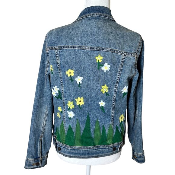 HANDPAINTED Old Navy Jean Jacket with flowers & trees size Medium - Picture 1 of 10